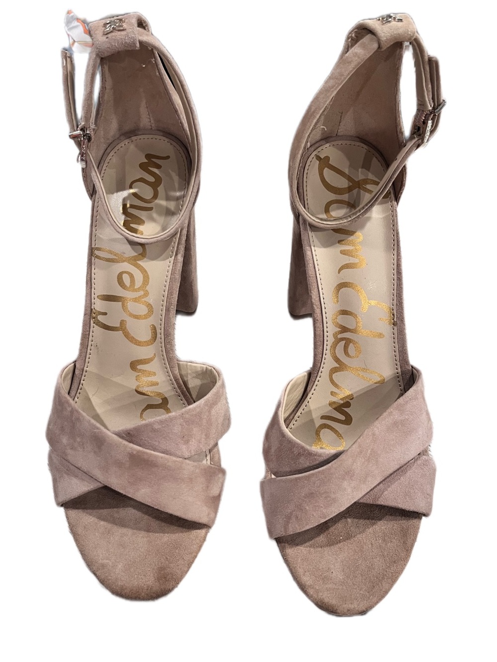Sam Edelman Yancy Oatmeal Suede Crisscross Block HeelAnkle Strap Sandals